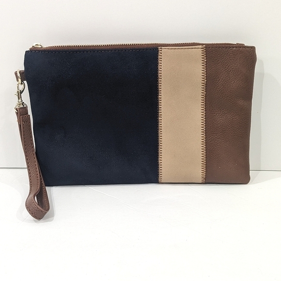 Chico's Women Navy Blue Brown Suede Leather Wristlet Wrist Bag Zipper OS - Picture 1 of 9